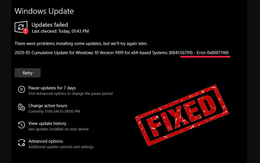 errore di aggiornamento di Windows 10 0x80071160