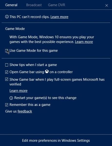 gioco continua a ridurre al minimo problema in Windows 10